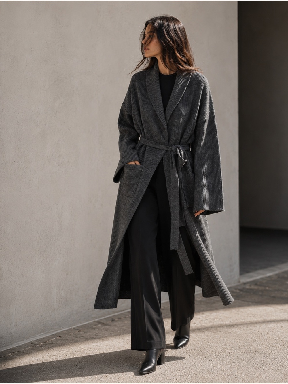NWT La Unique Moi Dark Gray Wool Long Belted Cardigan Women’s Small Slouchy Cozy